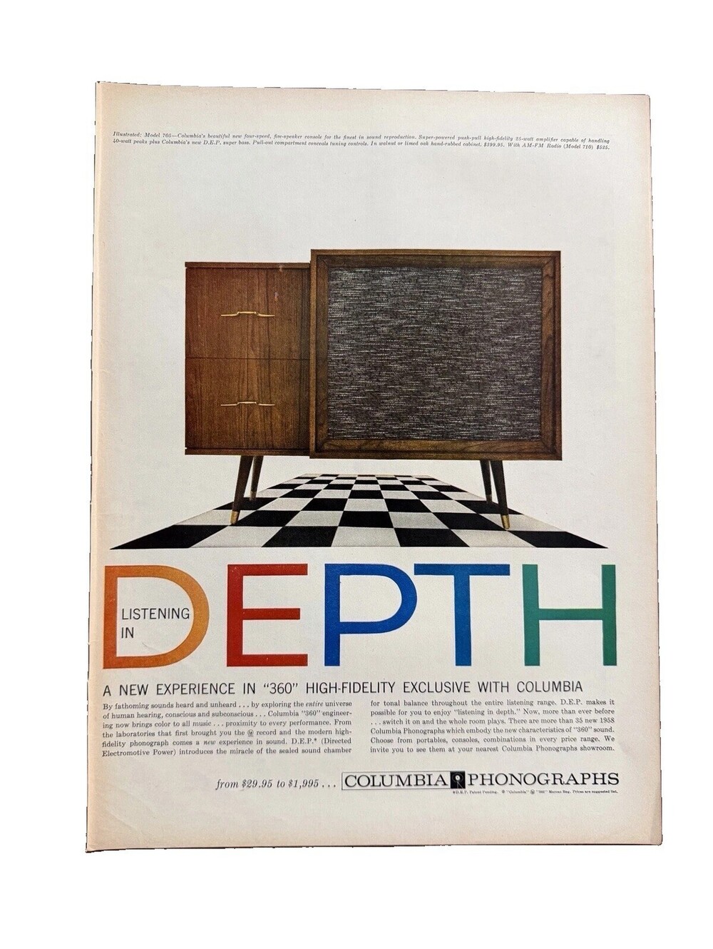 1957 Columbia Phonograph Listening in DEPTH Print Ad High-Fidelity Music